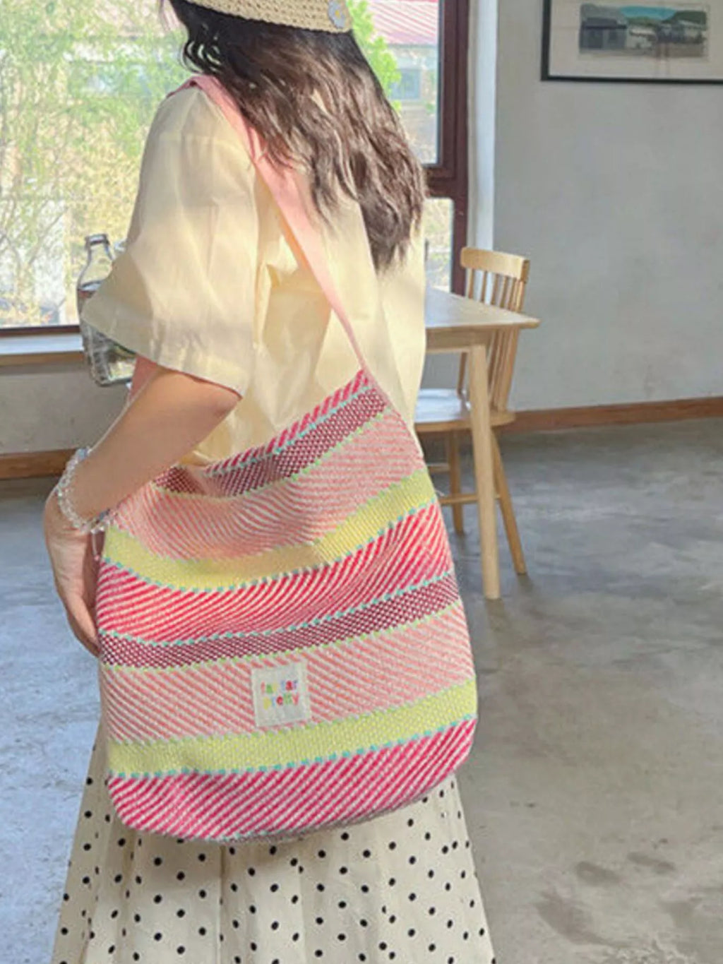 Striped Woven Shoulder Bag with Adjustable Strap