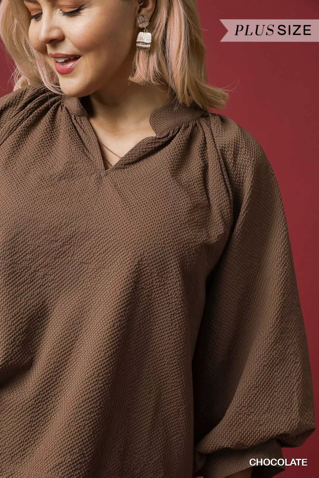 Umgee Full Size Textured Notched Balloon Sleeve Blouse Plus Size