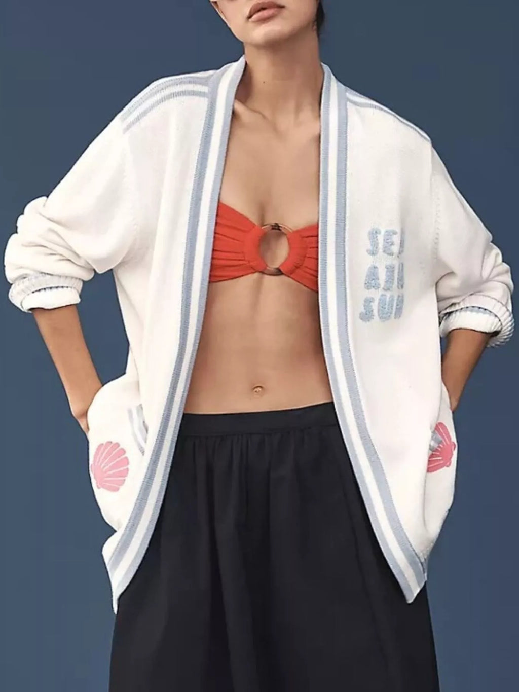 Seashell Embroidered Open Front Cardigan
