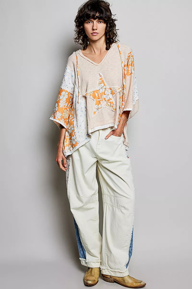 POL Floral Star Patch Hooded Blouse with Lace Contrast Detail