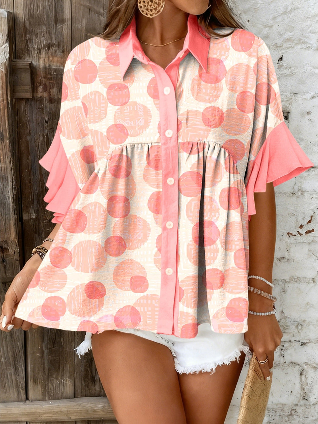 Double Polka Dot Printed Ruffle Trim Short Sleeve Babydoll Shirt