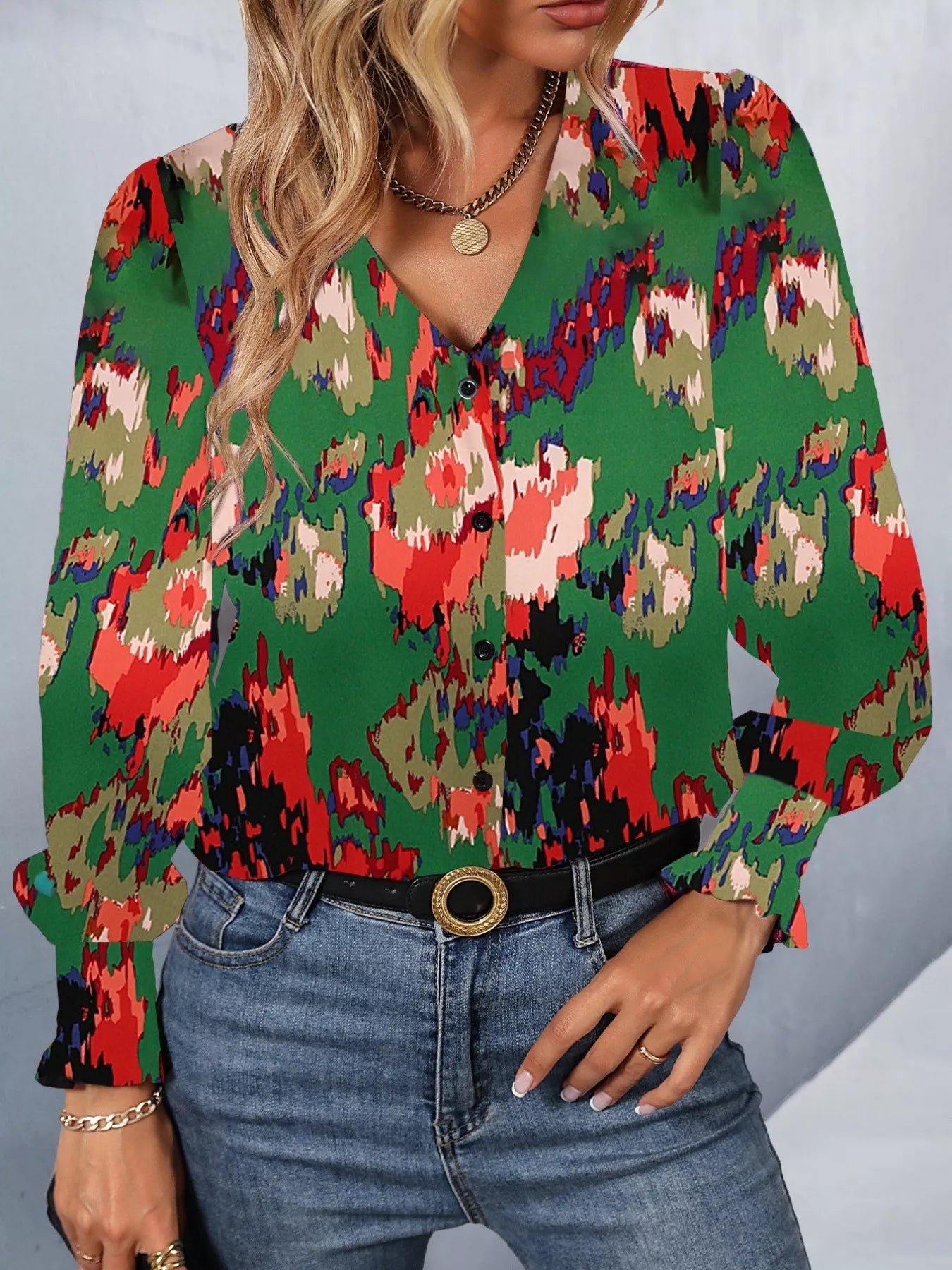 Printed Button Up Long Sleeve Shirt