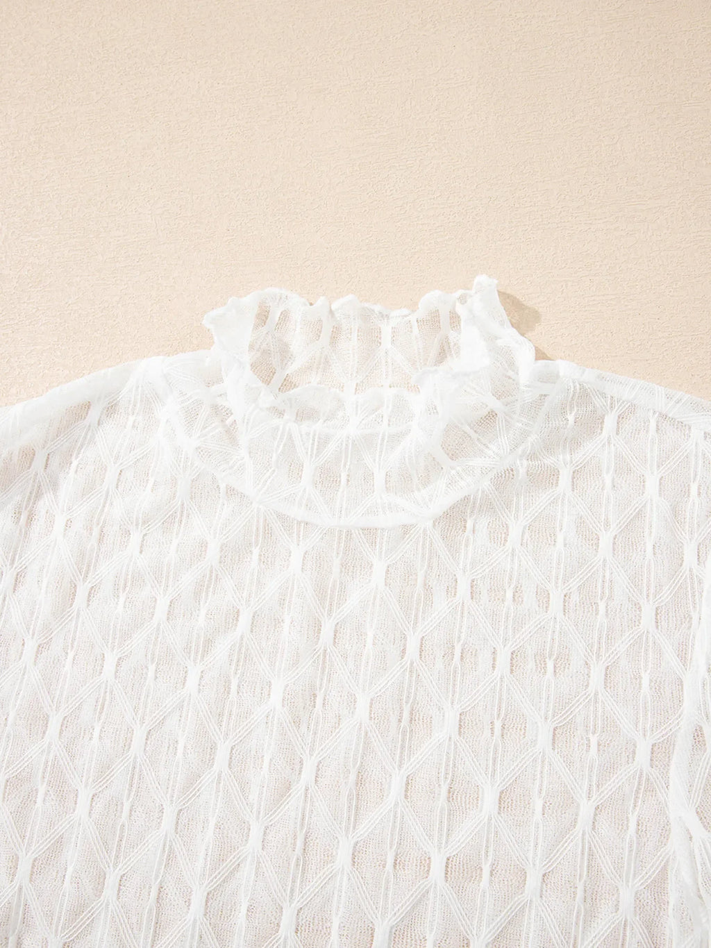 Sheer Mesh Patterned Lettuce Trim Slim Long Sleeve Top