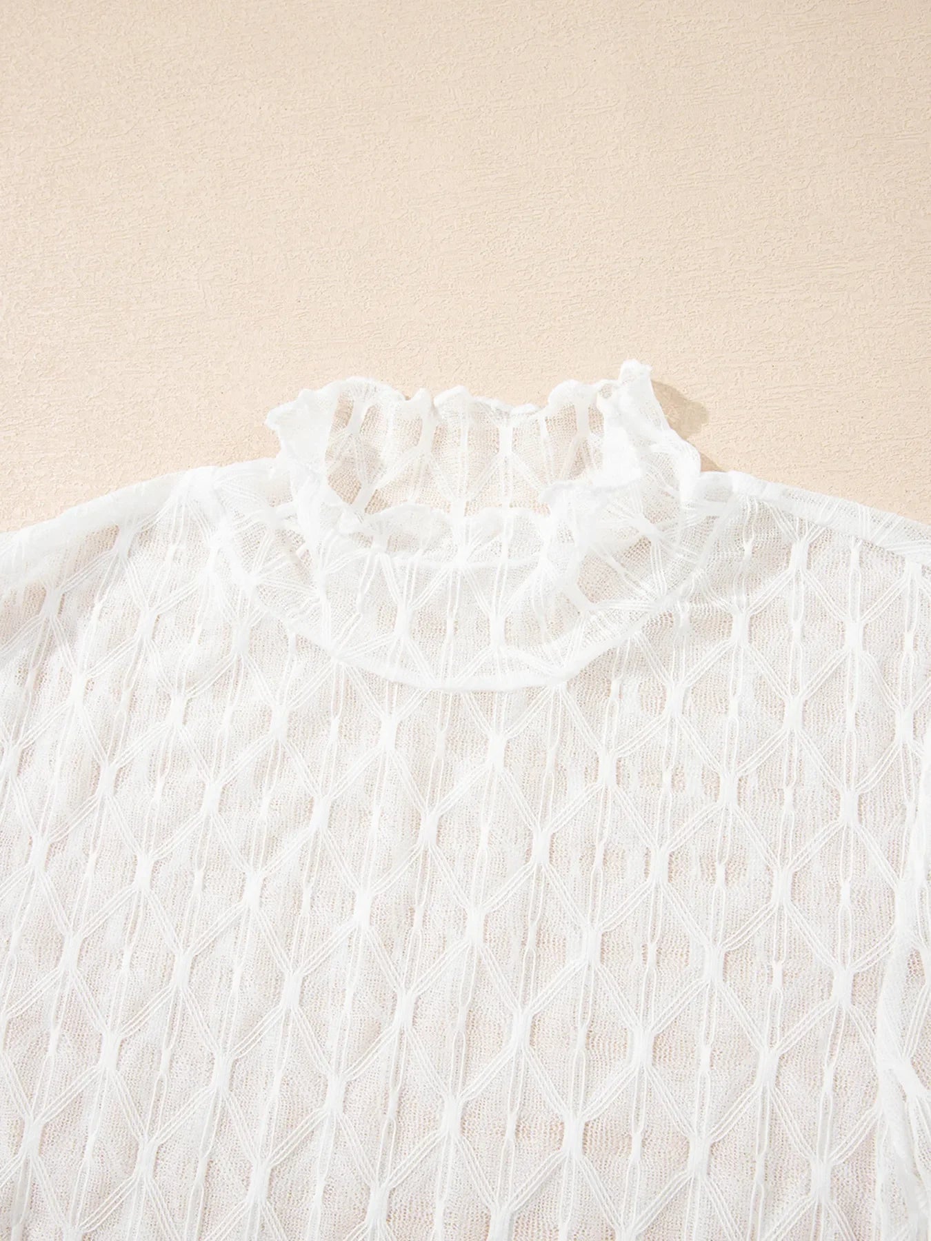 Sheer Mesh Patterned Lettuce Trim Slim Long Sleeve Top