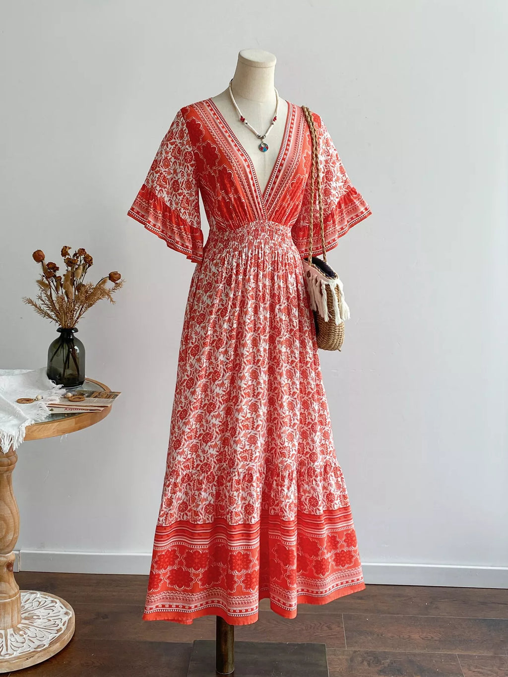 Floral Deep V-Neck Dress