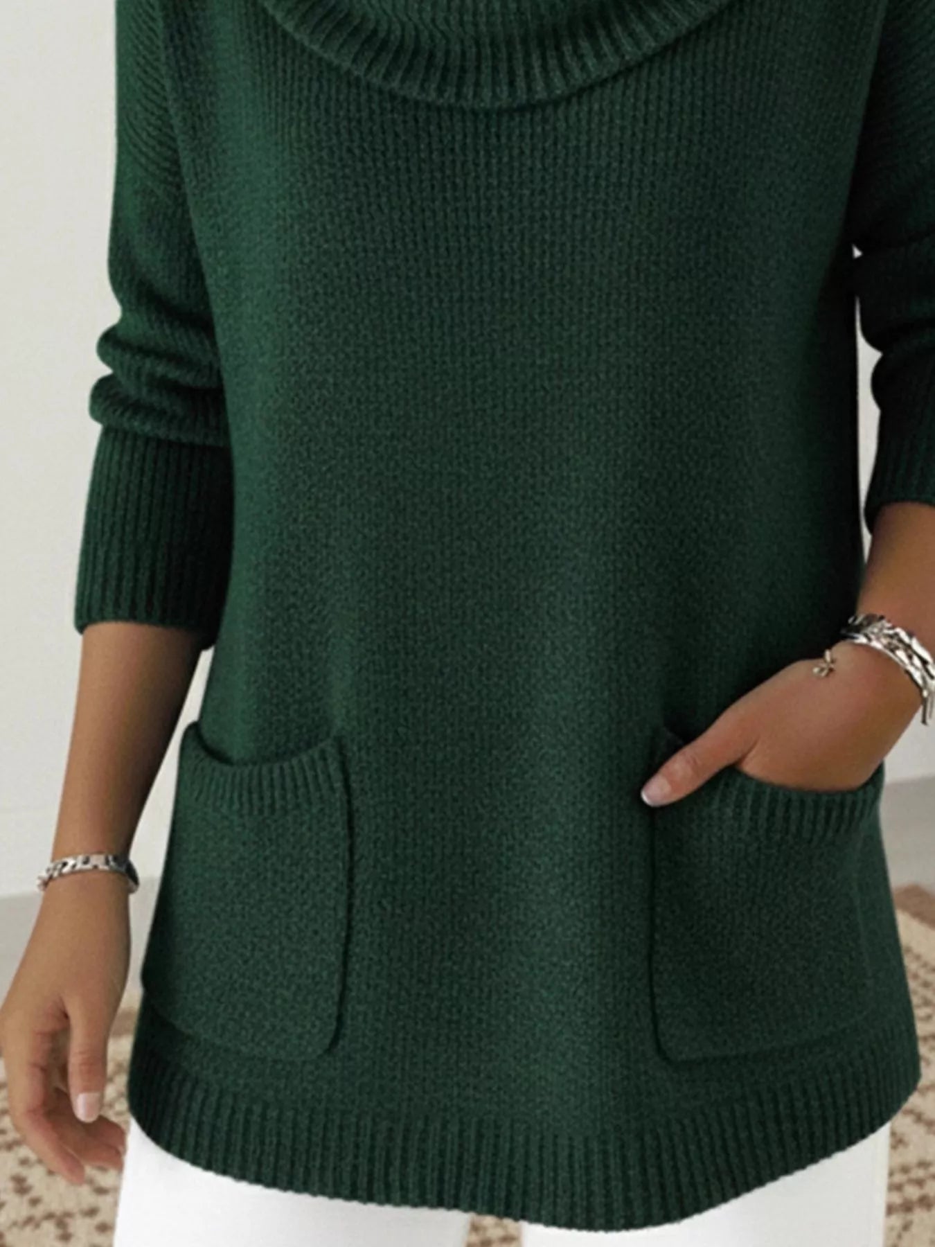 Full Size Cowl Neck Long Sleeve Sweater with Pockes Plus Size