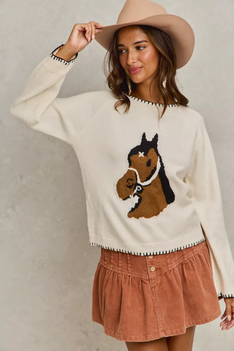 SO ME Horse Knit Sweater Top with Blanket Stitch