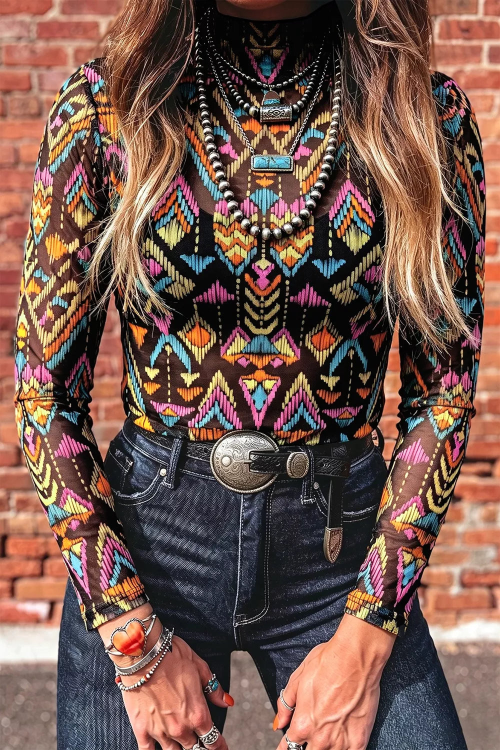Abstract Print Long Sleeve Stand Neck Mesh Top