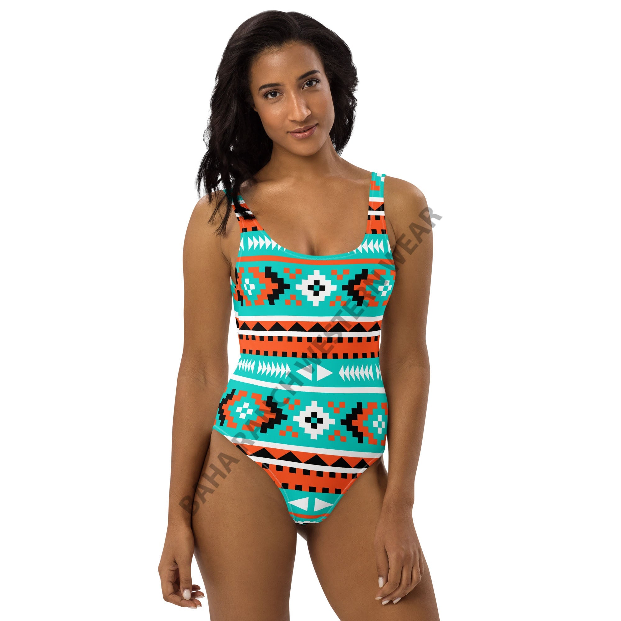 Baha Ranch Yeehaw Turquoise Orange Aztec One-Piece Swimsuit