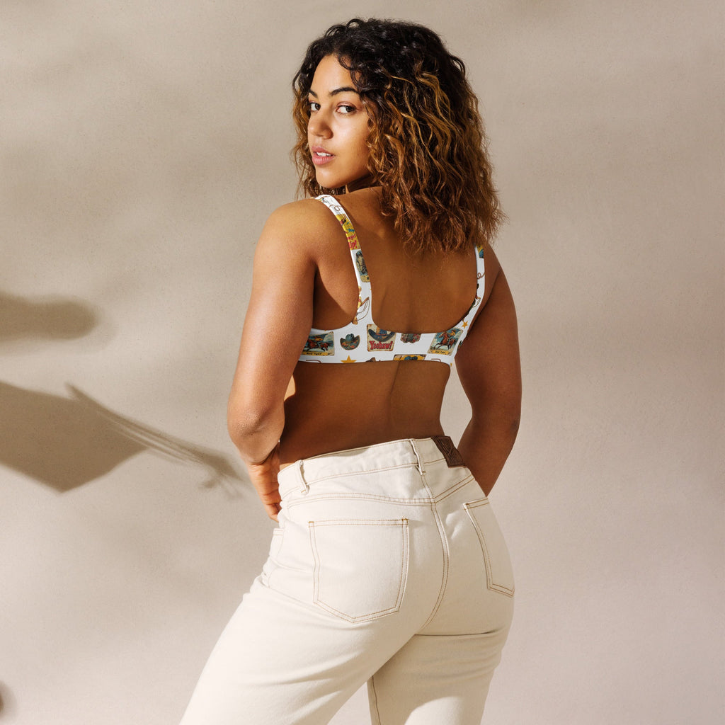 Baha Ranch Yeehaw Vintage Cowgirl Collage White Bikini Top