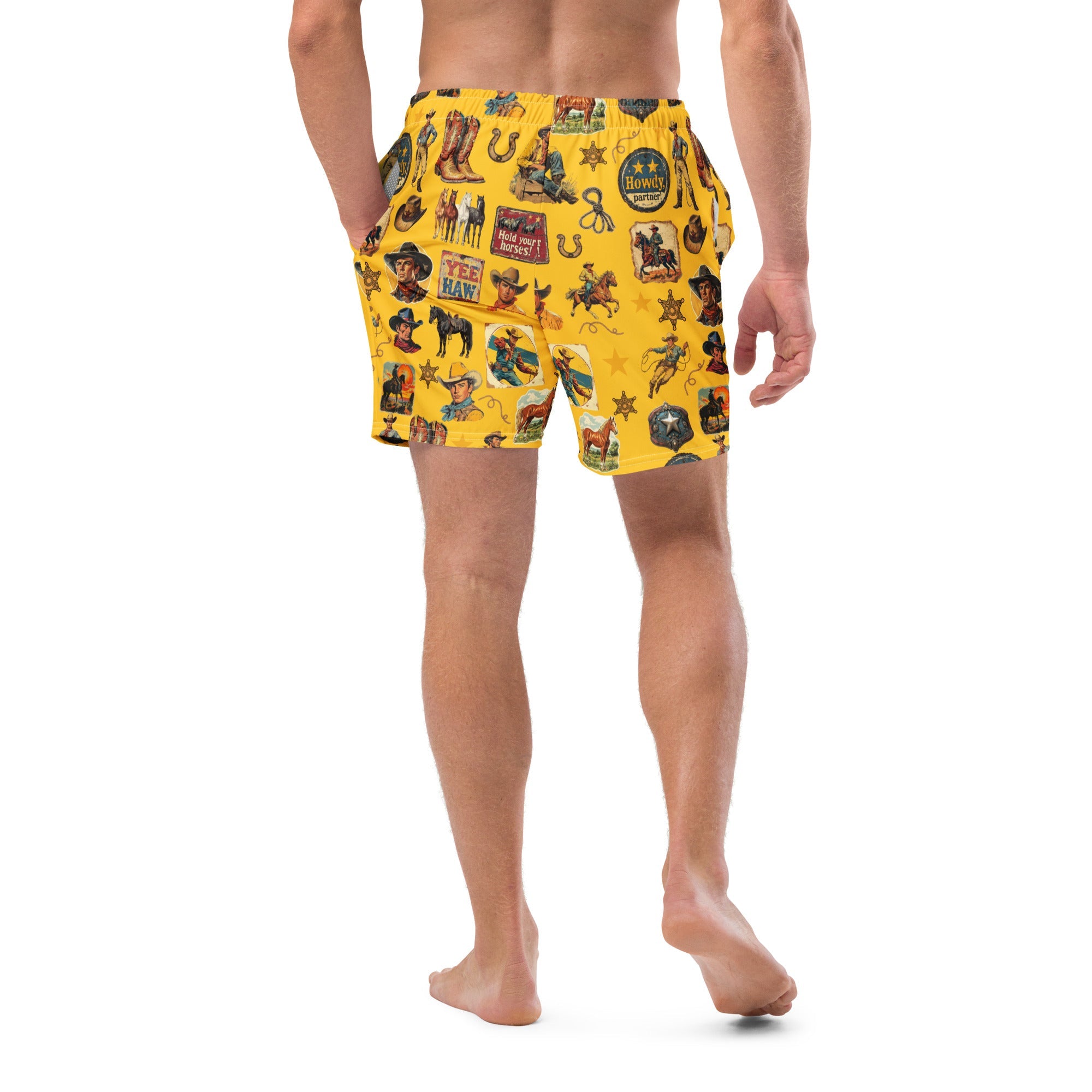 Baha Ranch Yeehaw Vintage Cowboy Collage Mustard Swim Trunks