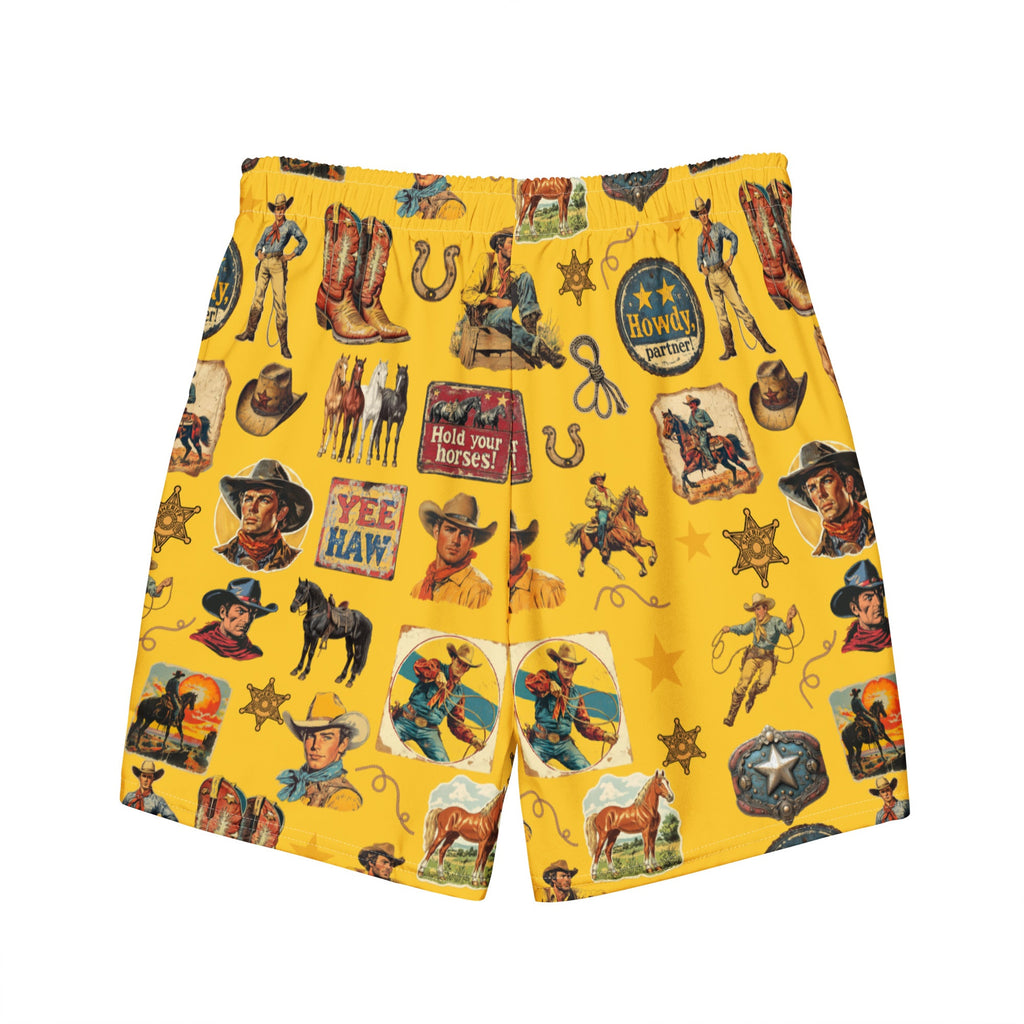 Baha Ranch Yeehaw Vintage Cowboy Collage Mustard Swim Trunks