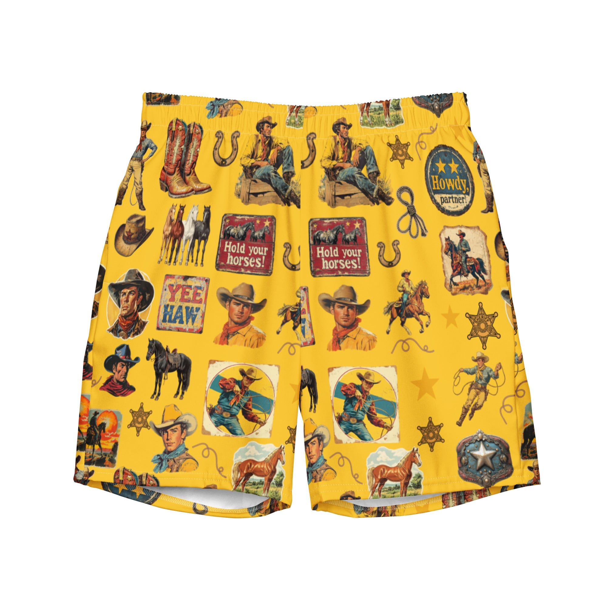 Baha Ranch YEEHAW Vintage Cowboy Collage Western Swim Trunks Shorts