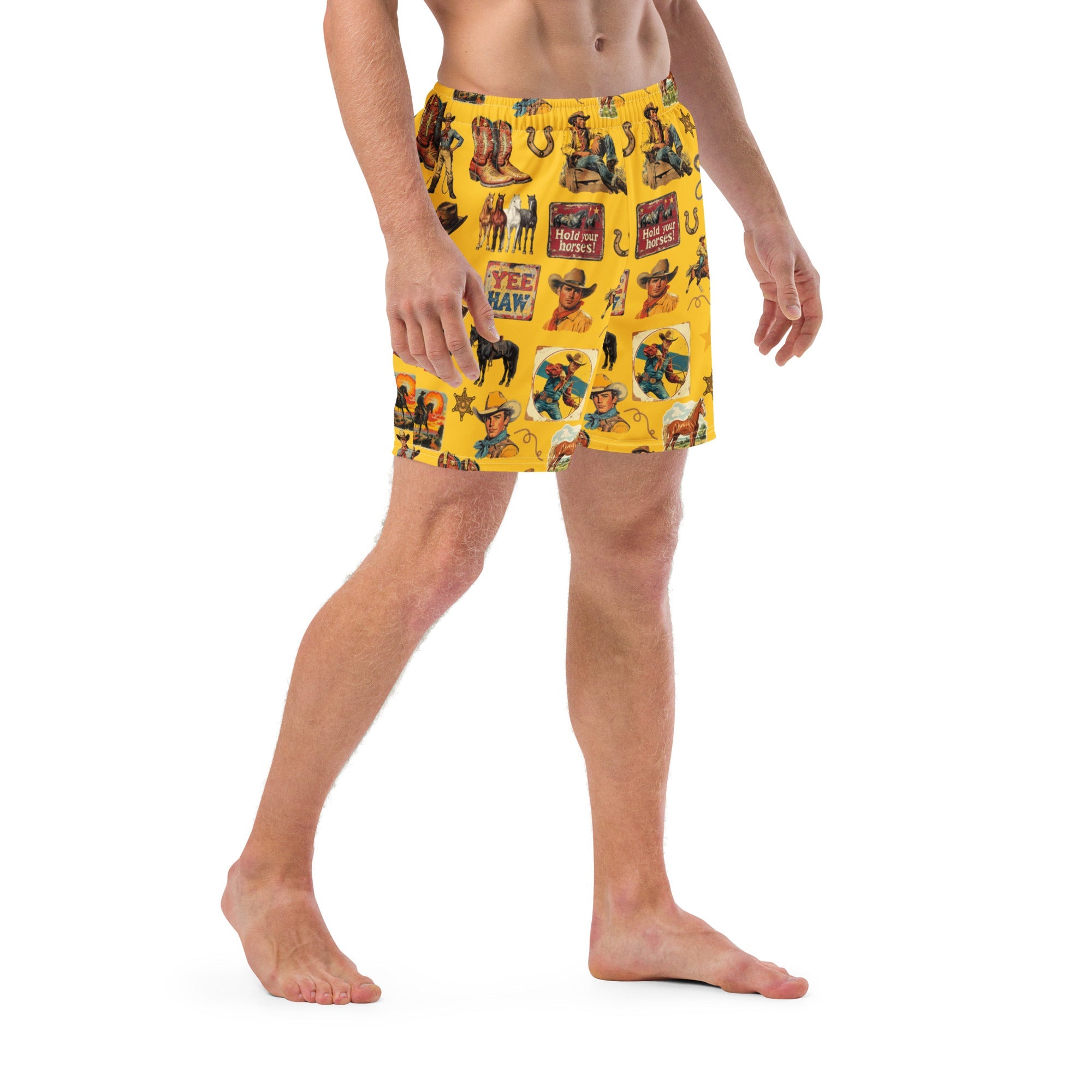 Baha Ranch Yeehaw Vintage Cowboy Collage Mustard Swim Trunks