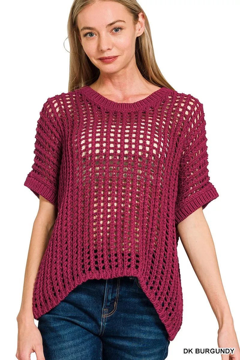Zenana Fish Net Short Sleeve Crochet Knit Cover Up