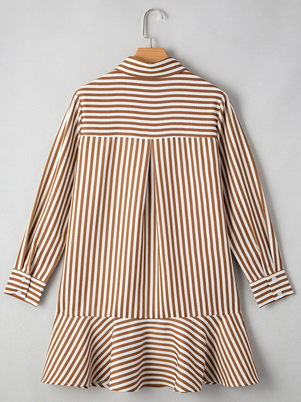 Stripe Ruffled Hem Collared Long Sleeve Shirt Mini Dress