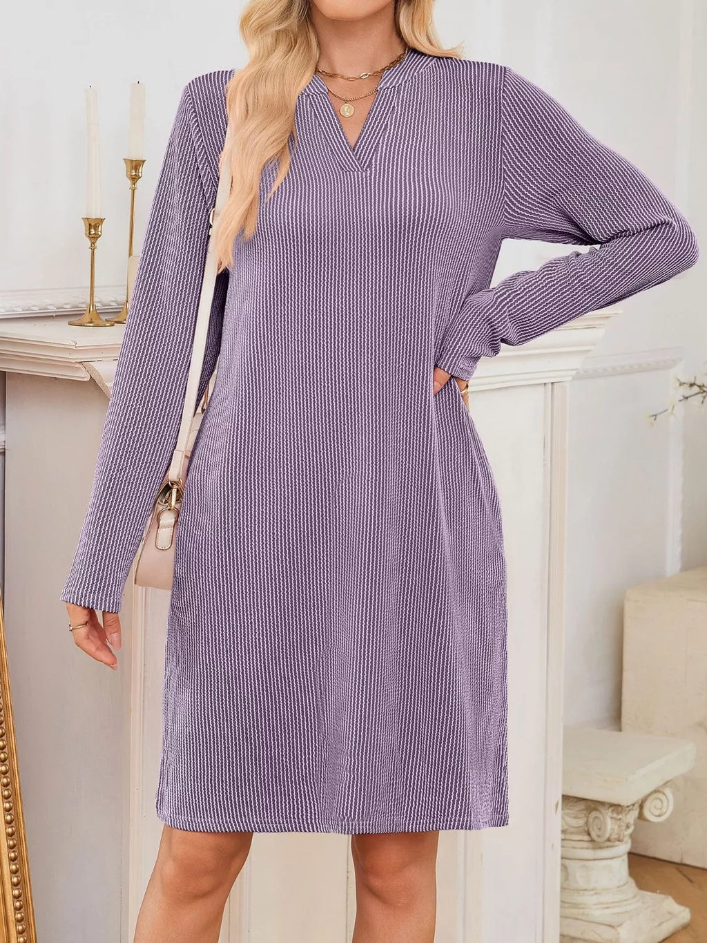 Casual Ribbed Knit Long Sleeve Dress