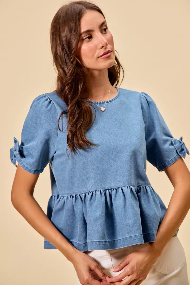 SO ME Denim Bow Detail Short Sleeves Peplum Top