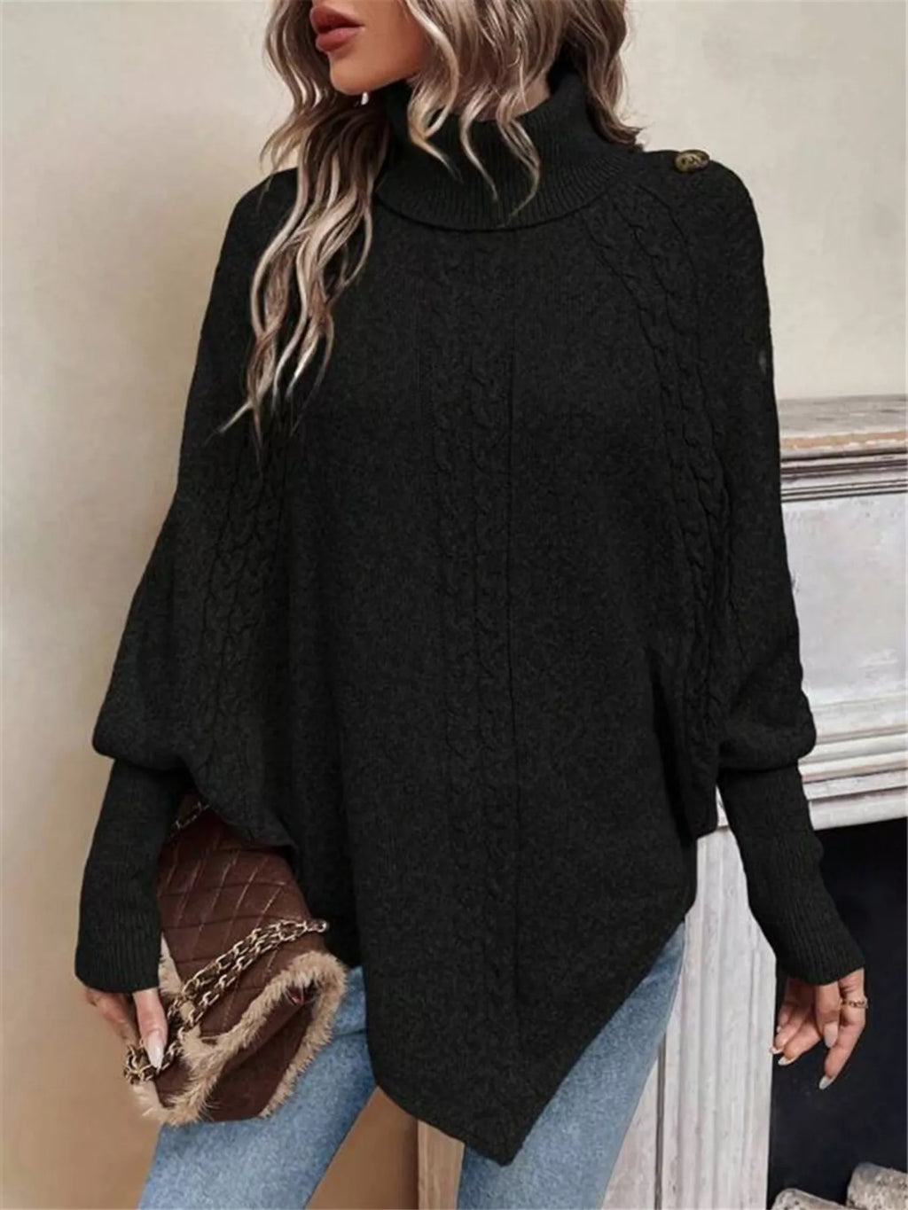 Cable Knit Turtleneck Cape Sweater
