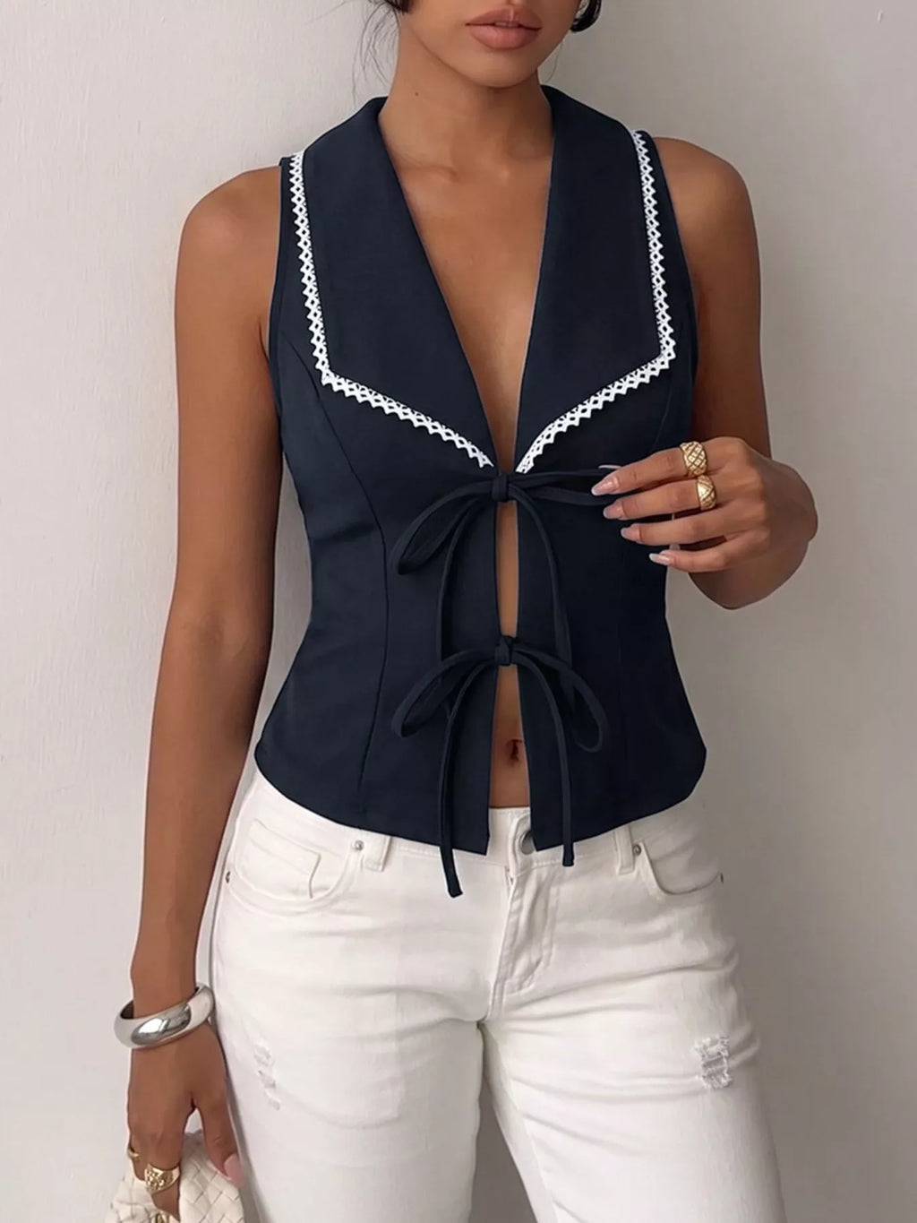 Lace Trim Tie-Front Vest