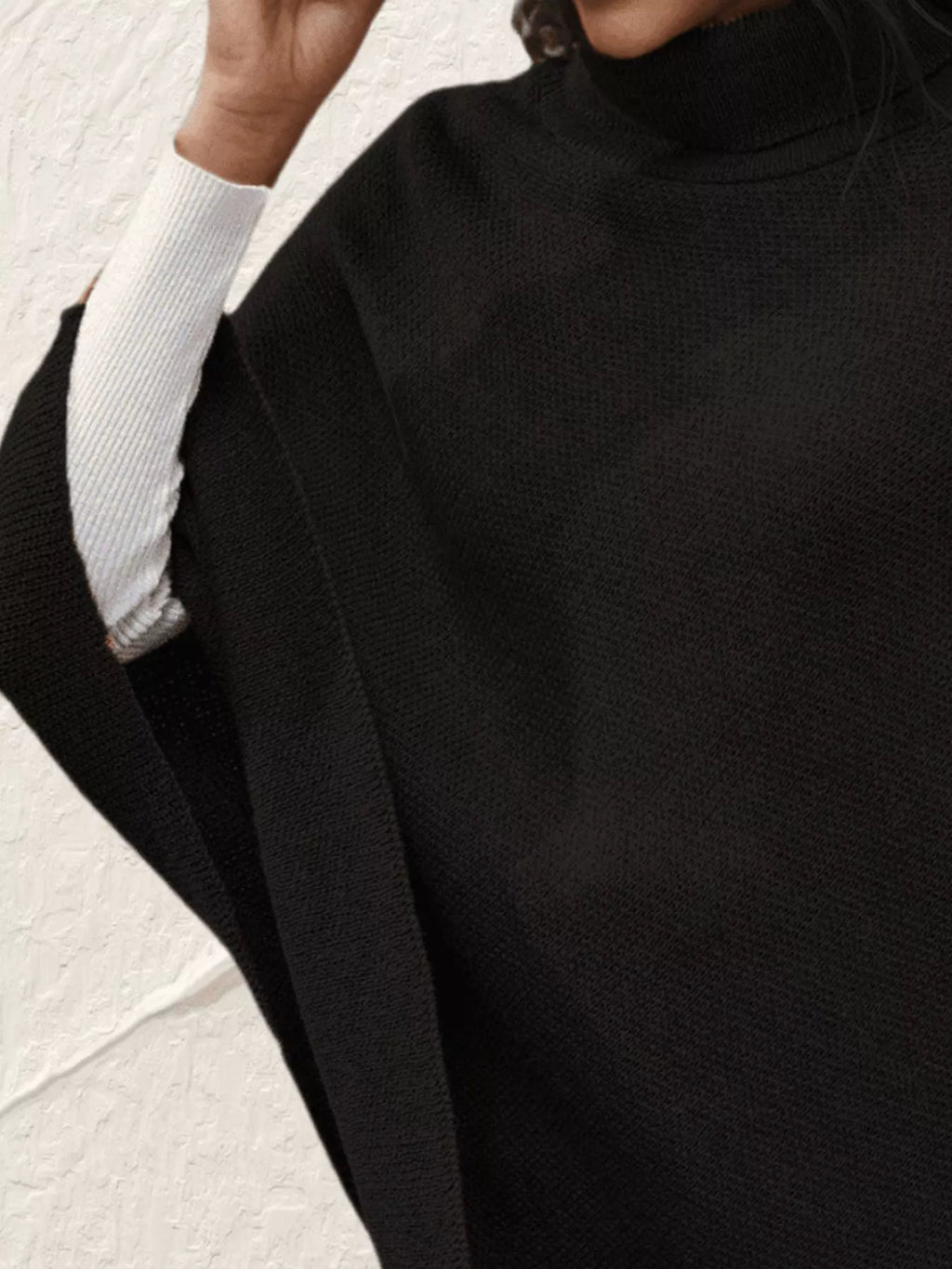 Button-Decor Turtleneck Poncho Pullover