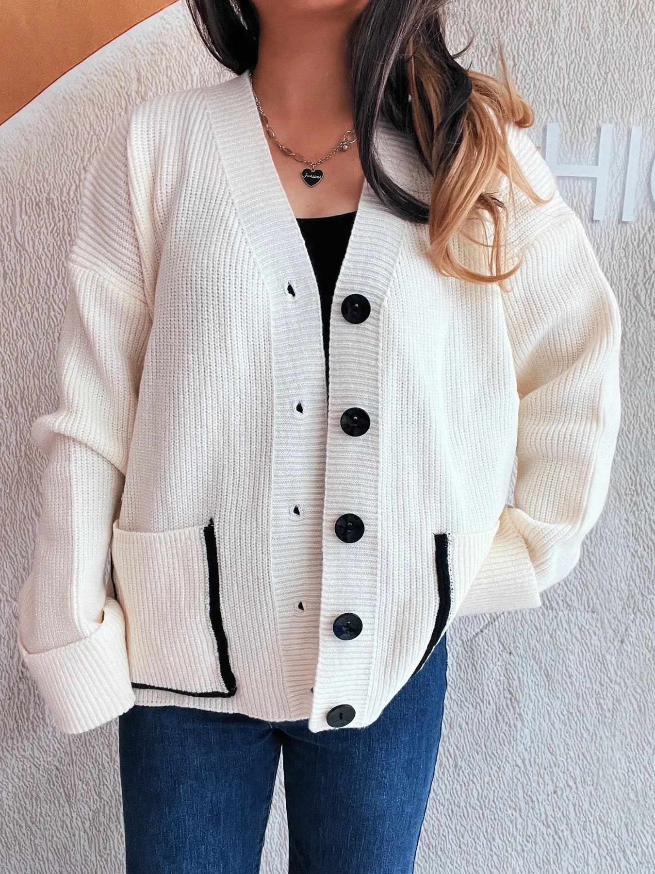 Button-Front Ribbed Cardigan with V-Neck