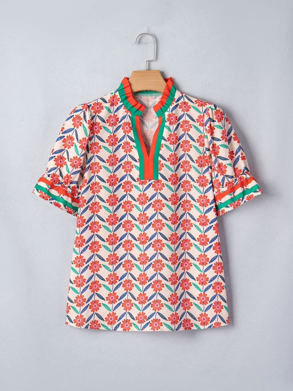 Floral Print Striped Detail V Neck Ruffled Short Sleeve Blouse