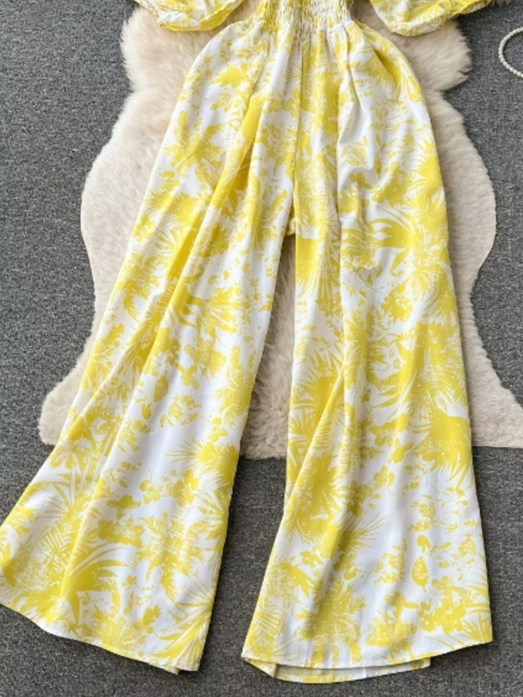 Smocked V-Neck Wide Leg Jumpsuit