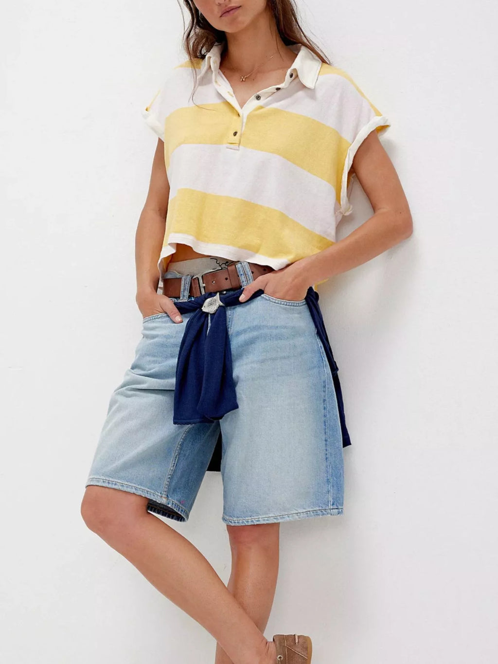 Half Button Striped Short Sleeve Cropped Polo Shirt