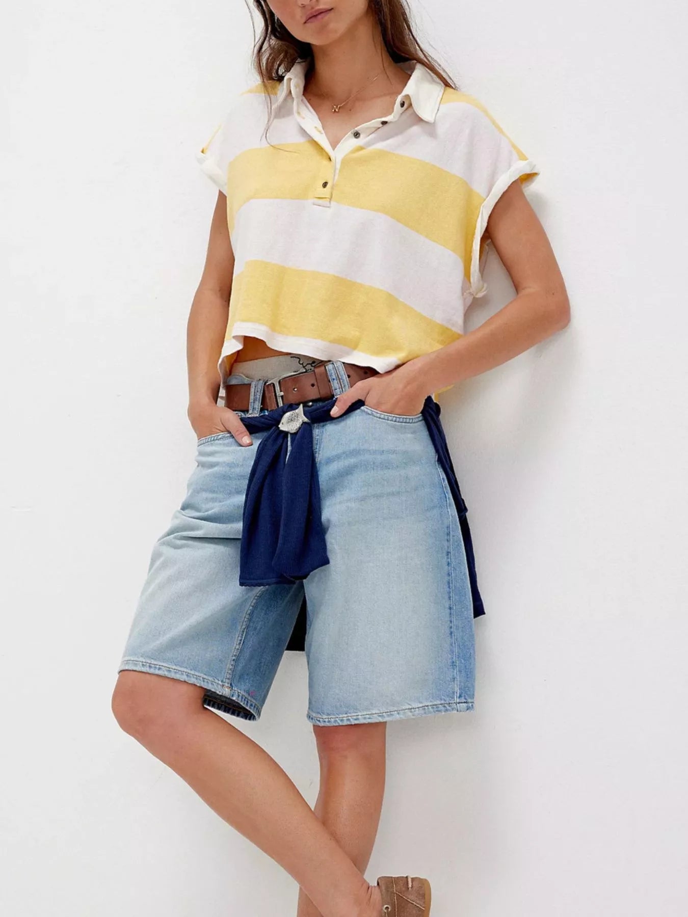 Half Button Striped Short Sleeve Cropped Polo Shirt