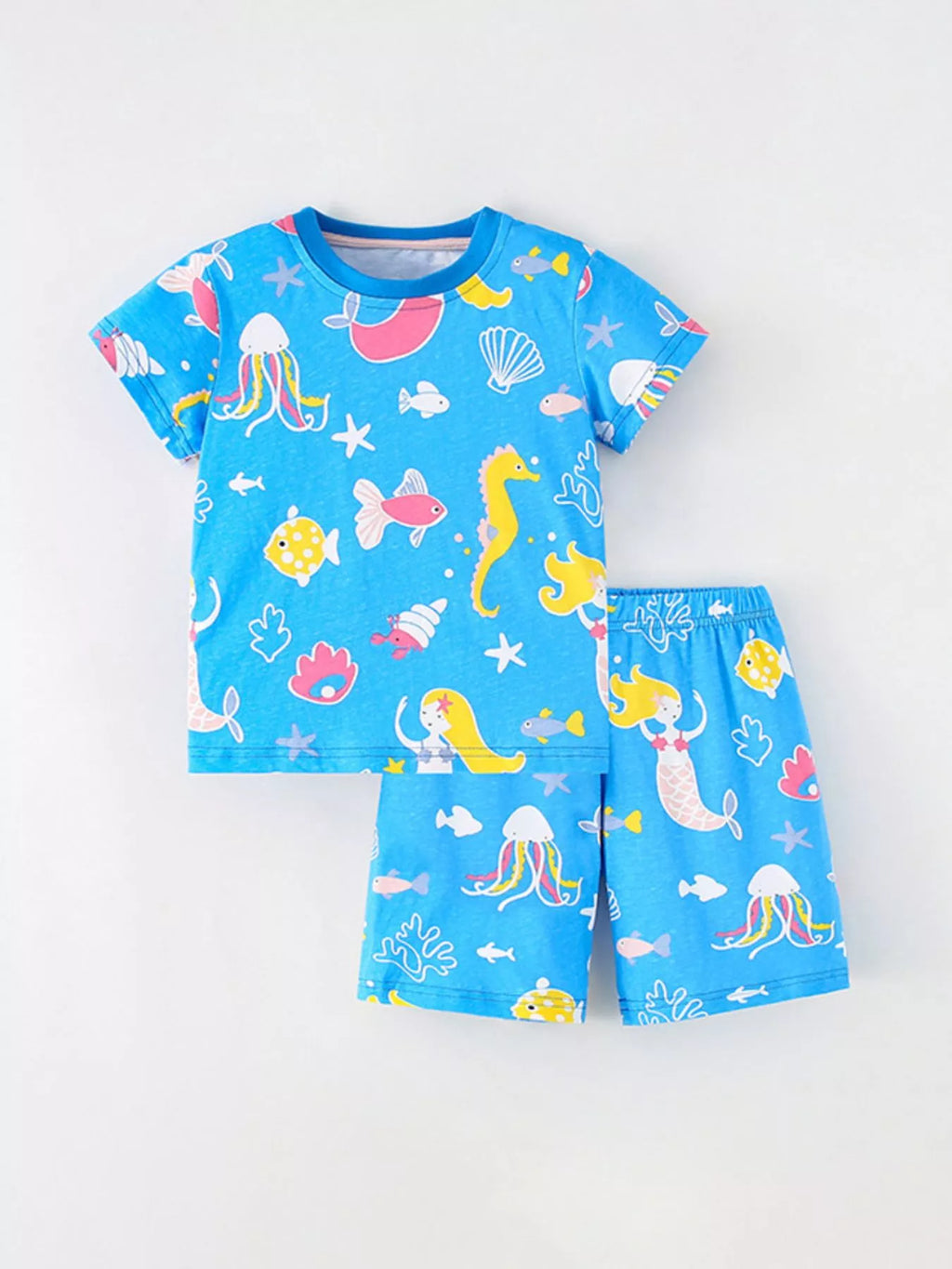 Children's Ocean Print Round Neck Top and Shorts Set