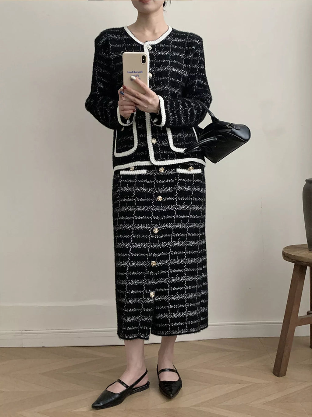 Tweed Contrast Trim Jacket and Skirt Set