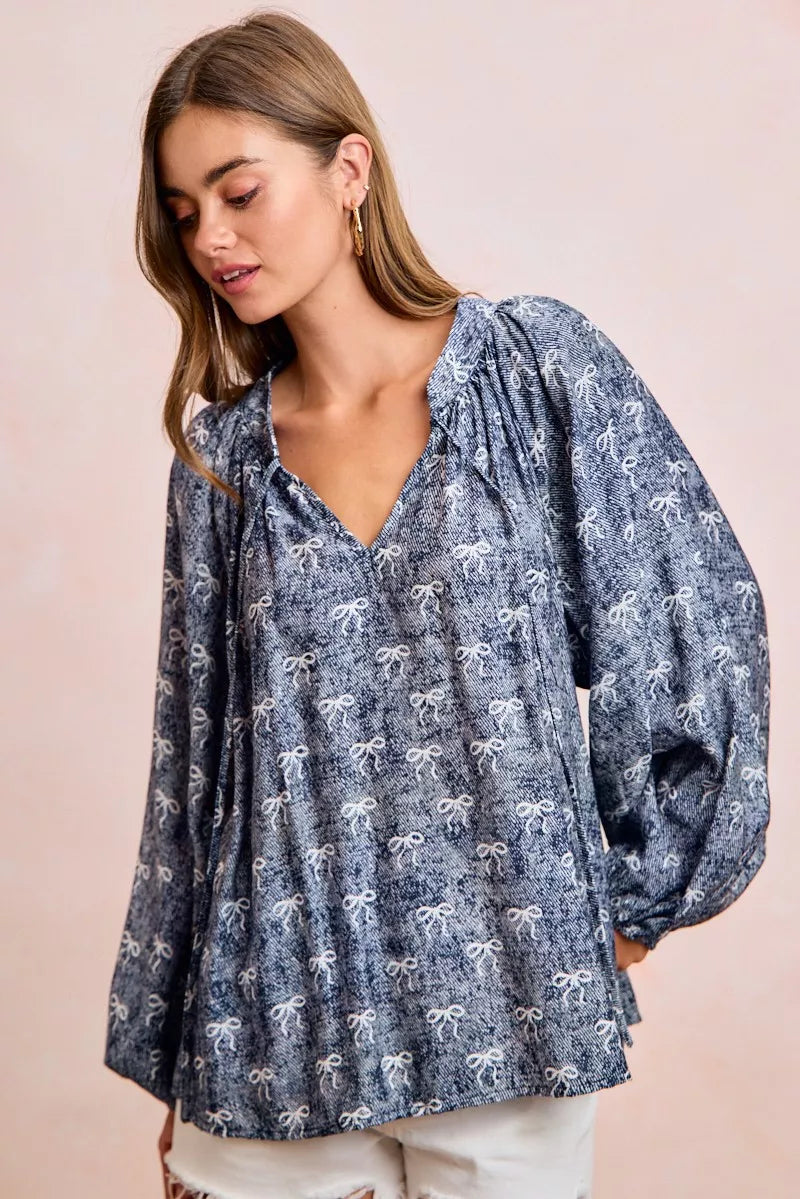 BiBi Ribbon Bow Print Exaggerated Balloon Sleeves Top