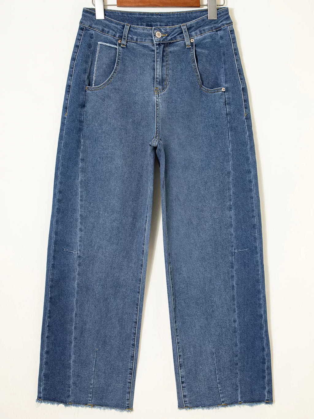 Stitched Raw Hem Wide Leg Loose Jeans