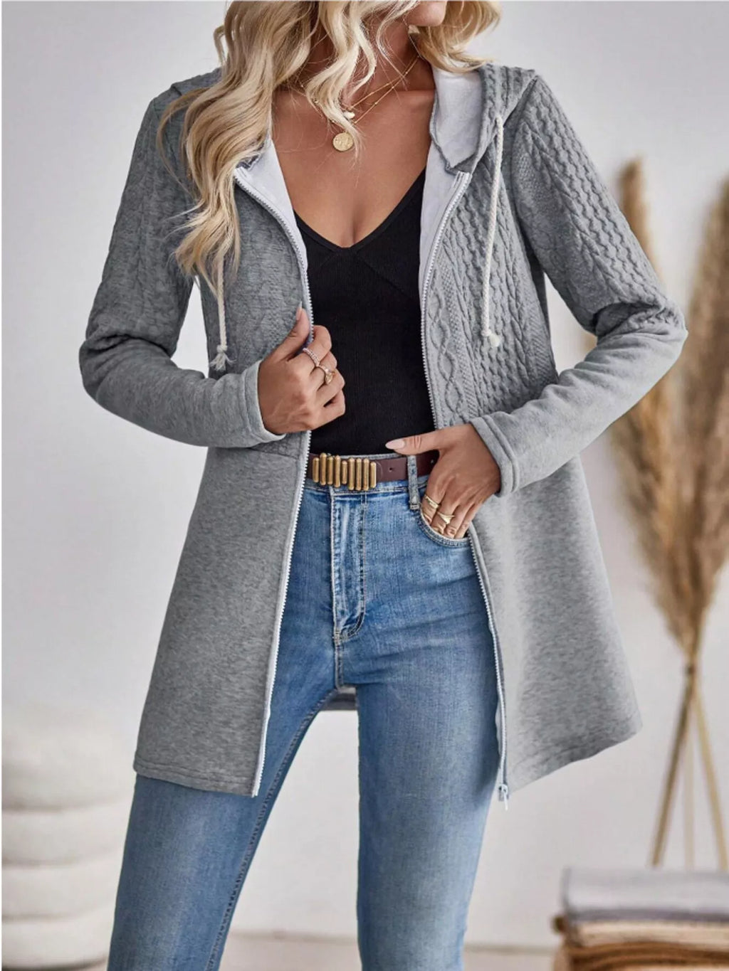 Drawstring Textured Zip Up Drawstring Hooded Jacket