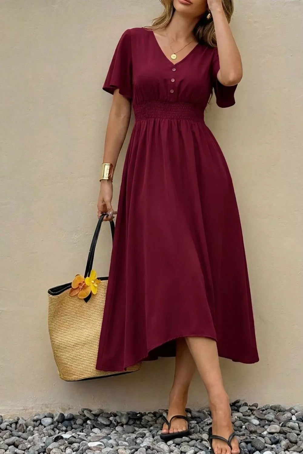 V-Neck Flutter Sleeve Midi Dress