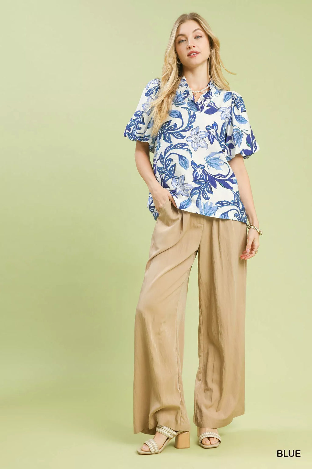 Umgee Lush Blossom Print Puff Sleeve Top with Ruffle Trim Detail