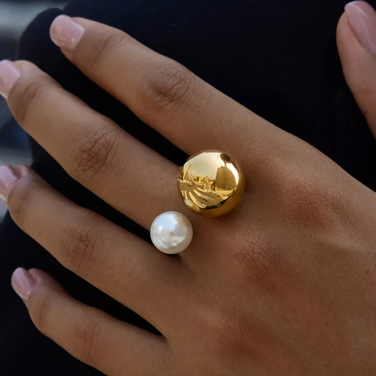18K Gold-Plated Orb & Pearl Open Ring