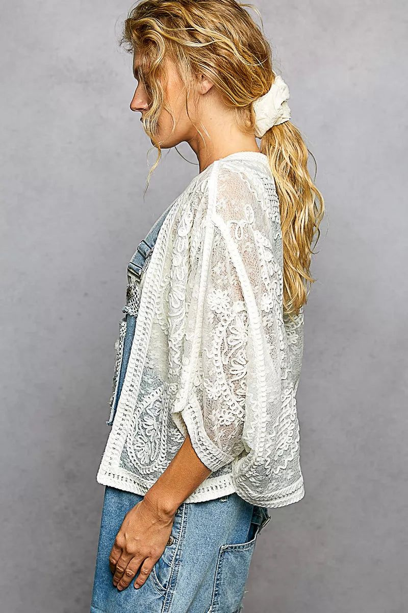 POL Open Front Crochet Cardigan with Floral Embroidery
