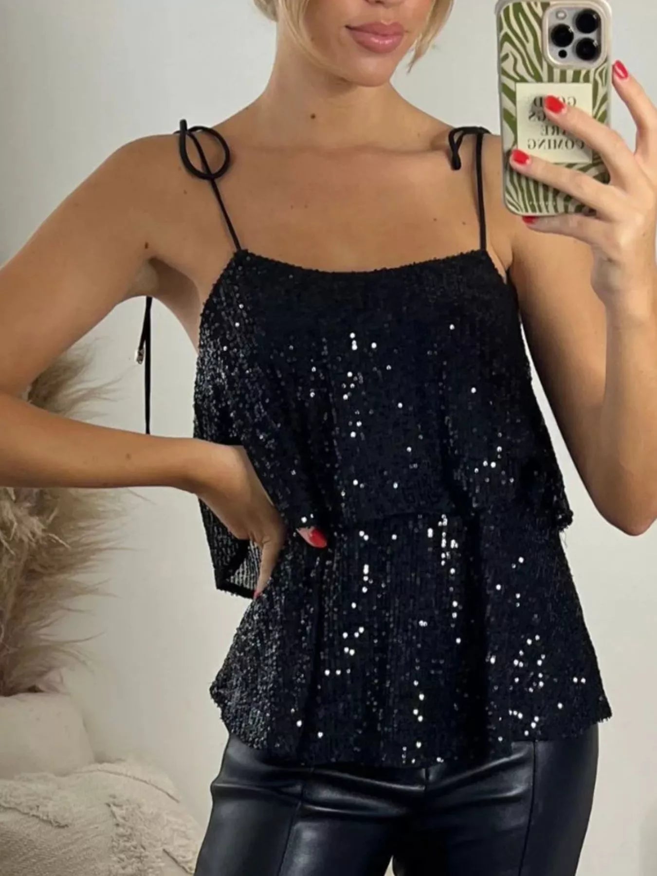 Full Size Sequin Tie Shoulder Cami Plus Size