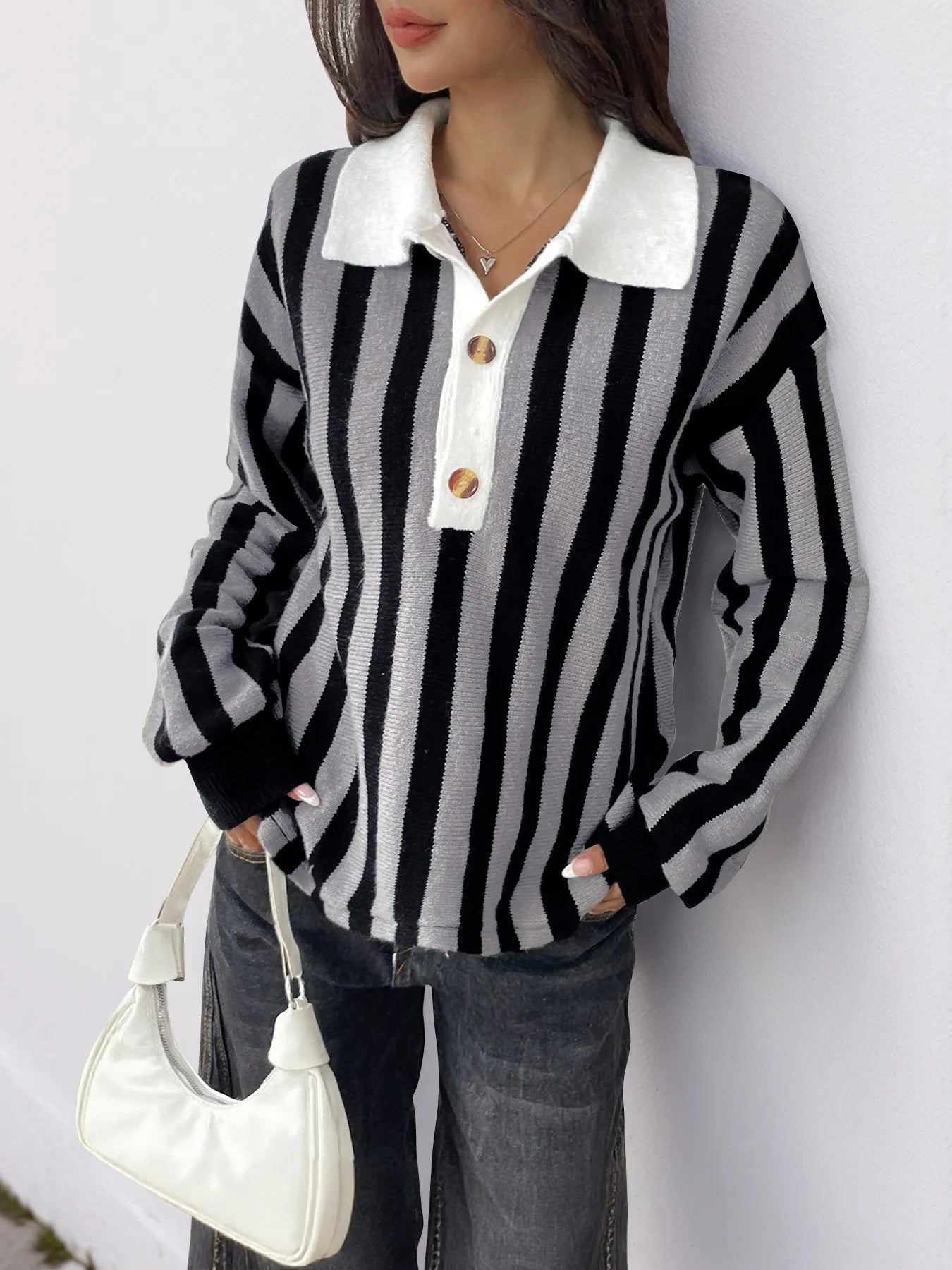 Striped Button Front Long Sleeve Sweater