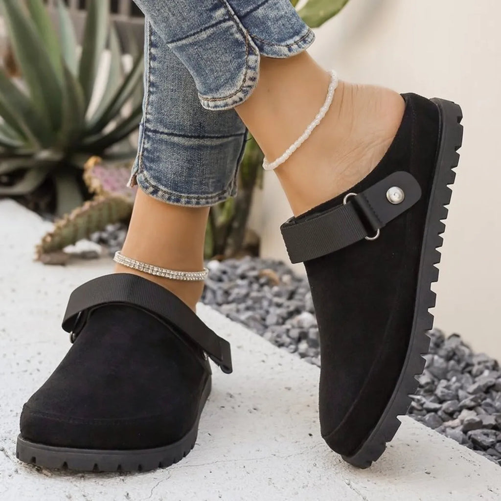 Suede Slip-On Mule Loafers with Adjustable Strap