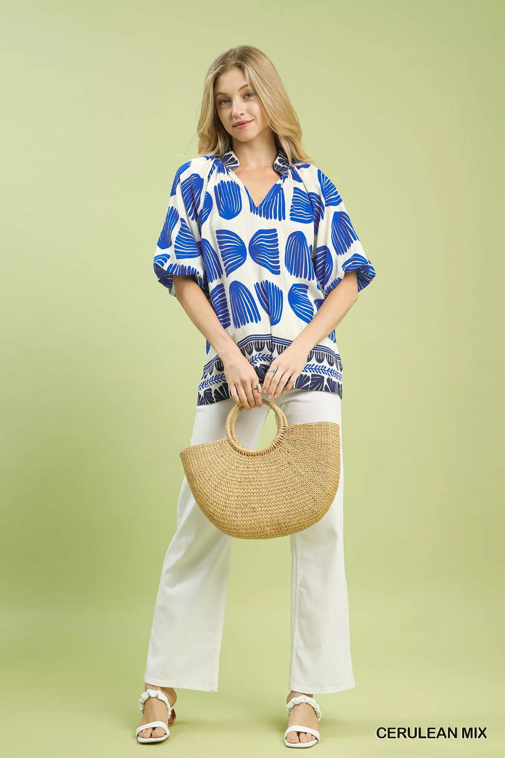 Umgee Shell Block Border Print Puff Sleeve Blouse