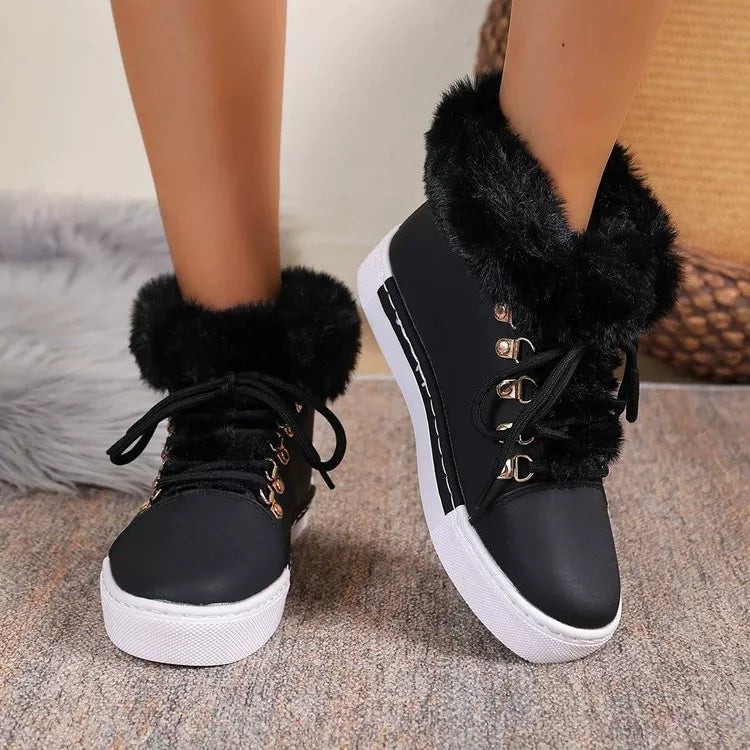 Fuzzy Trim Lace-Up Ankle Boots