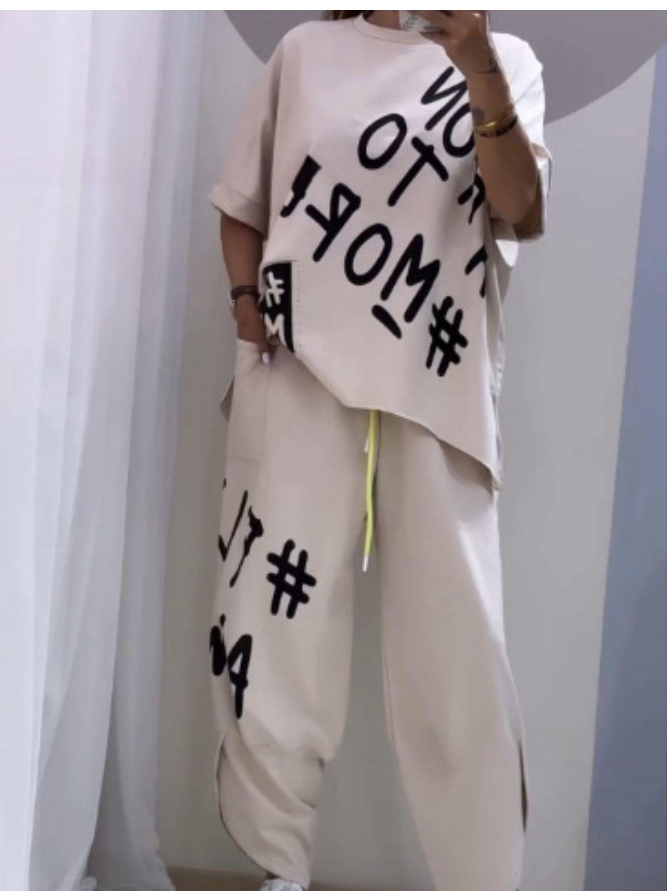 Full Size Letter Round Neck Tee and Drawstring Pants Set Plus Size