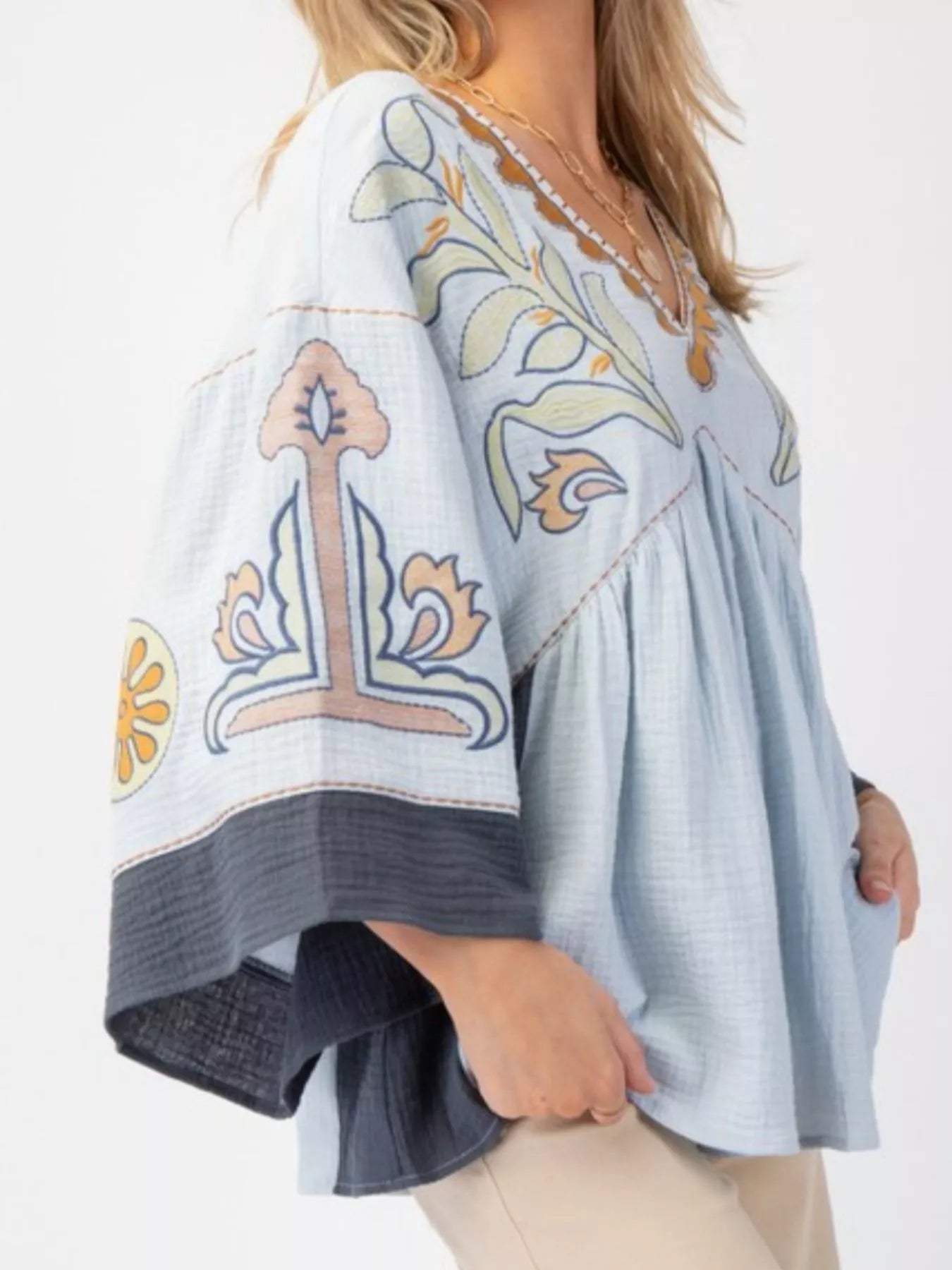 Printed V-Neck Top with Contrast Trim Details