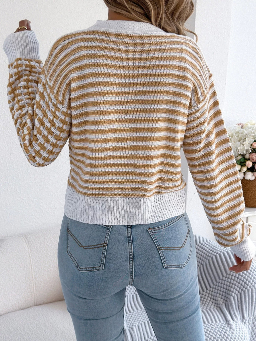 Striped Button-Up Cropped Cardigan