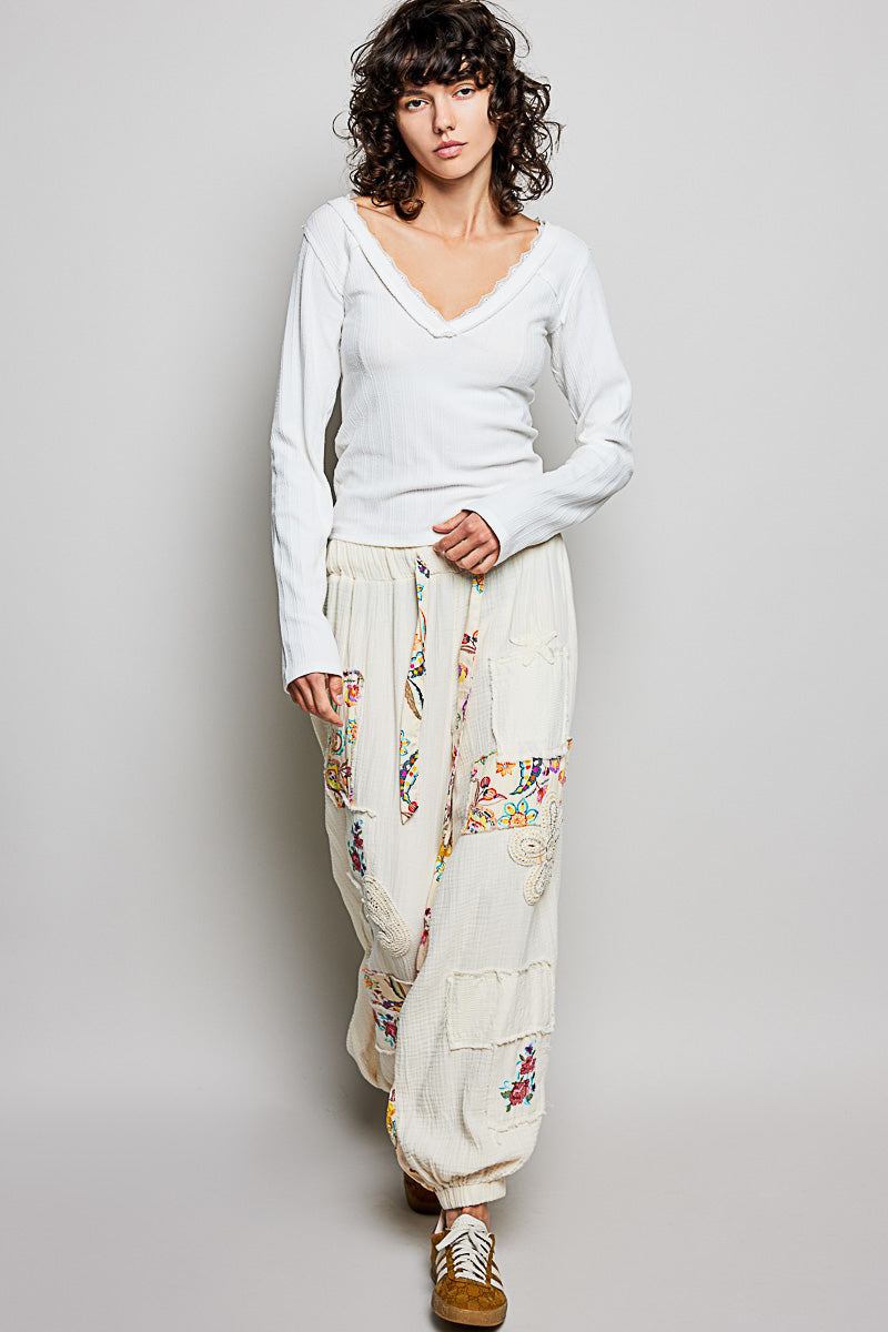 POL V-Neck Long Sleeve Ribbed Top with Lace-Accent Neckband