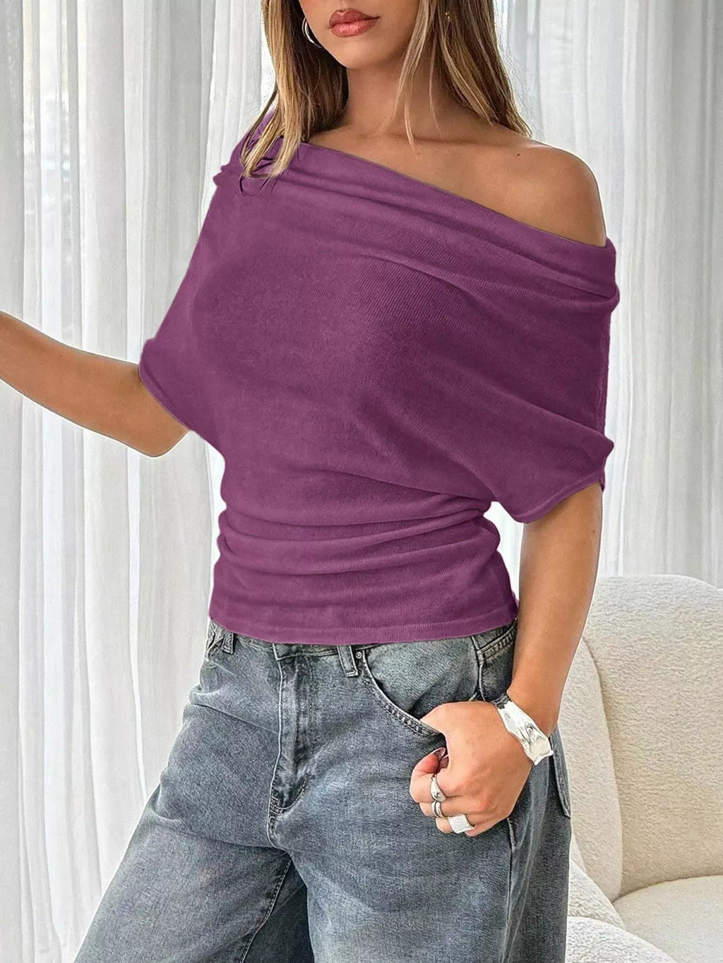 Off-Shoulder Ruched Knit T-Shirt