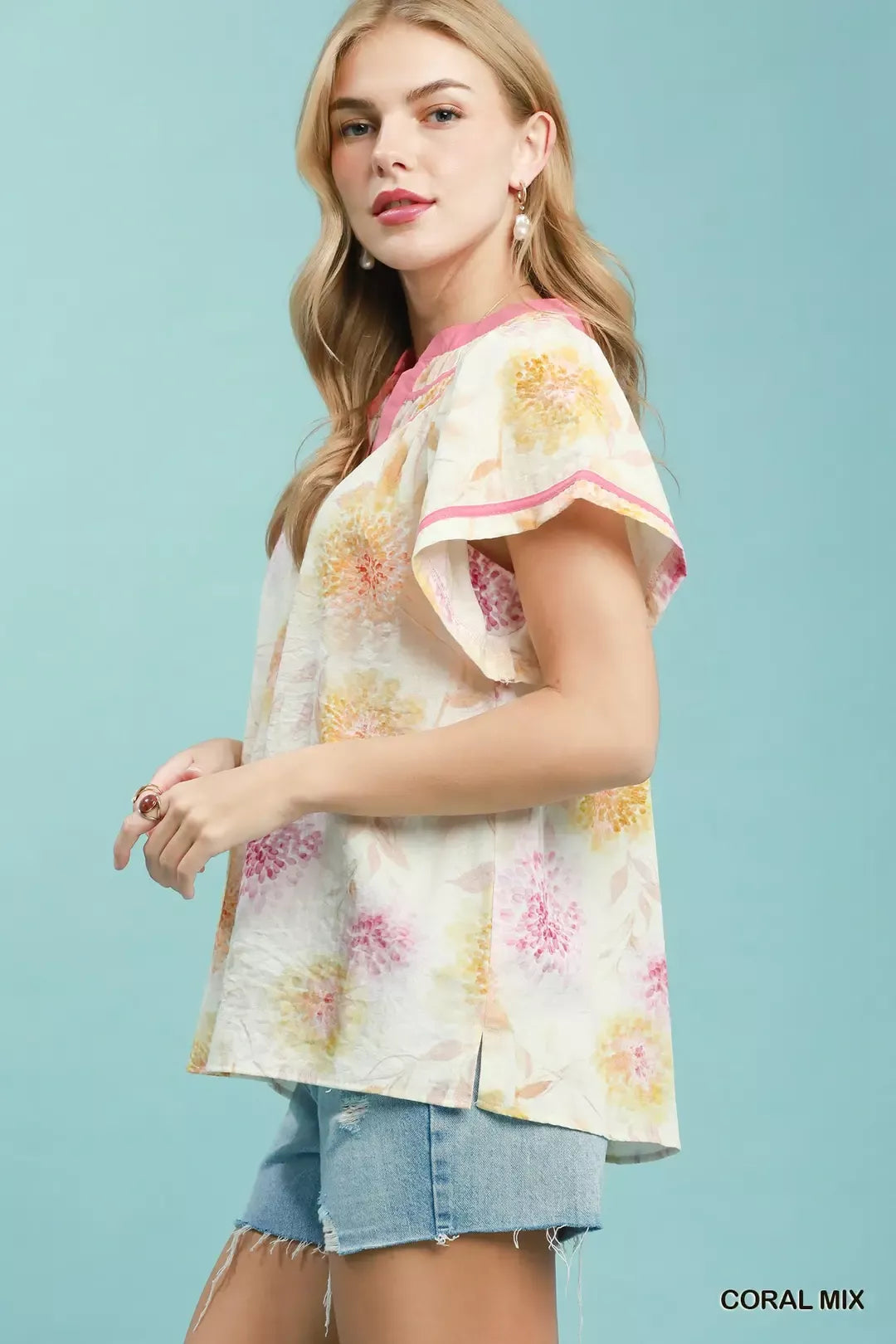 Umgee Floral Flutter Sleeve Blouse